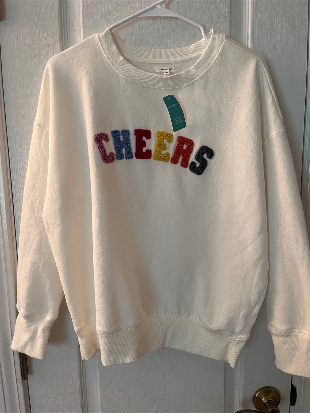 Maurices White Crewneck Sweater with Multicolor 'CHEERS' Chenille Letters